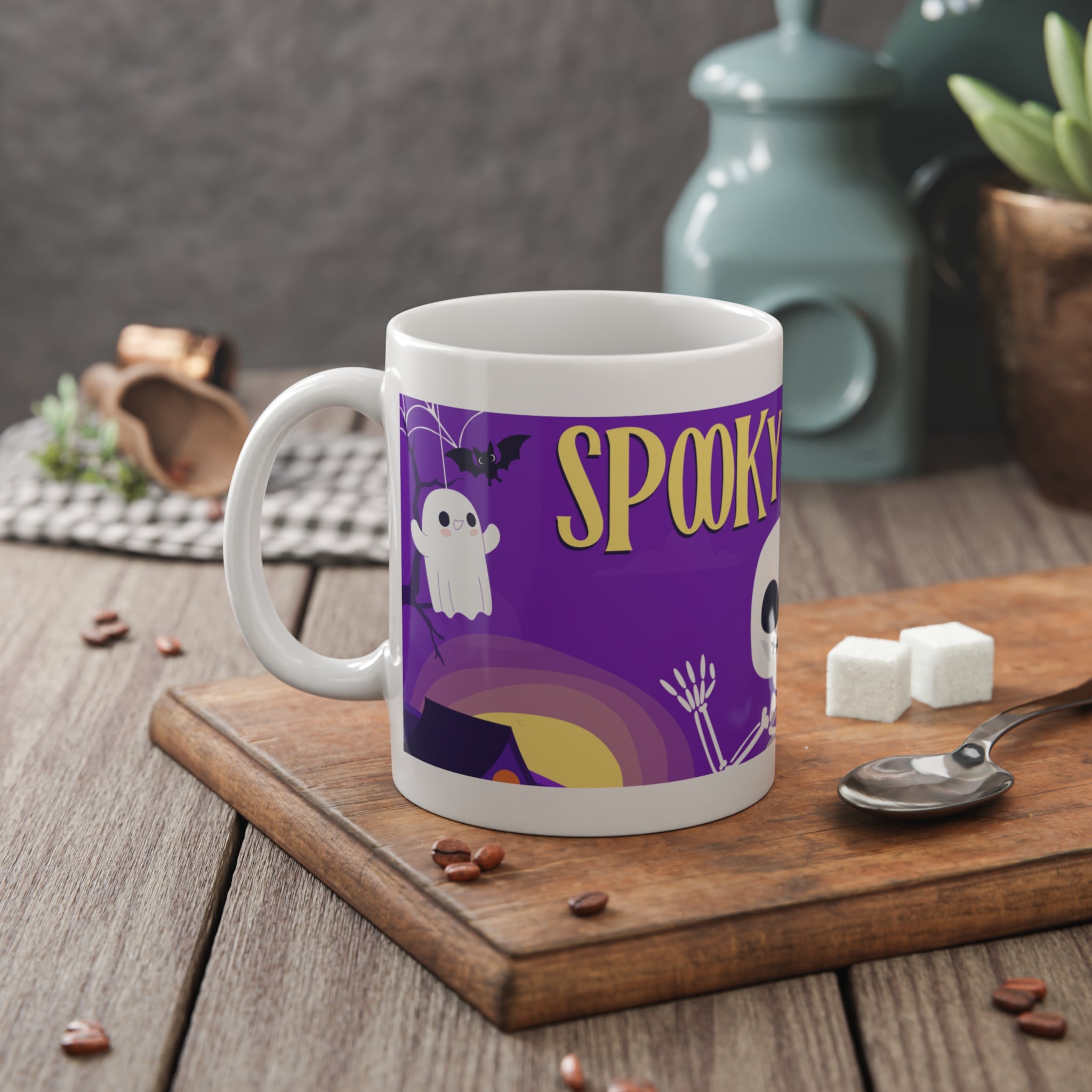 Spooky Night Skeleton | Haunted Graveyard with Ghosts and Bats | White Ceramic Mug